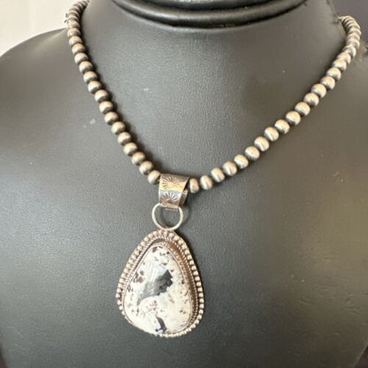Navajo White Buffalo Turquoise Pendant | Sterling Silver Pearls Necklace | Authentic Native American Handmade | 17107