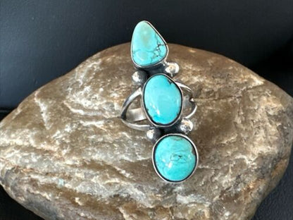 Navajo Blue Dry Creek Turquoise Cluster Ring | Authentic Native American Sterling Silver | Multi-Stone | Sz 8 | 17840