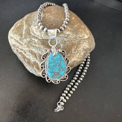 Men's Blue Kingman Turquoise Pendant Necklace | Navajo Pearls | Sterling Silver | 16017