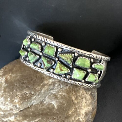 Navajo Green Gaspeite Cluster Cuff Bracelet | Sterling Silver | Authentic Native American Handmade | 16377