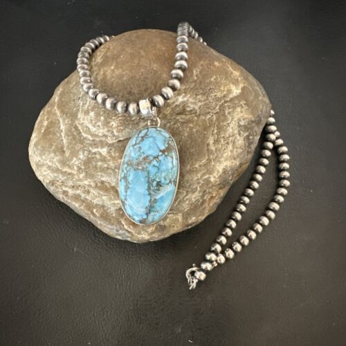 Navajo Blue Spiderweb Turquoise Pendant Necklace | Sterling Silver | Authentic Native American Handmade | 17025