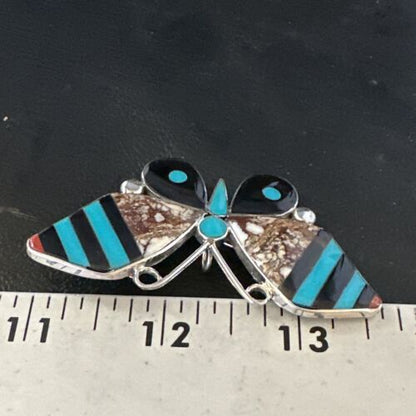 Zuni Butterfly Wild Horse Turquoise Onyx Inlay Pin Pendant | Sterling Silver | Authentic Native American Handmade | 15153