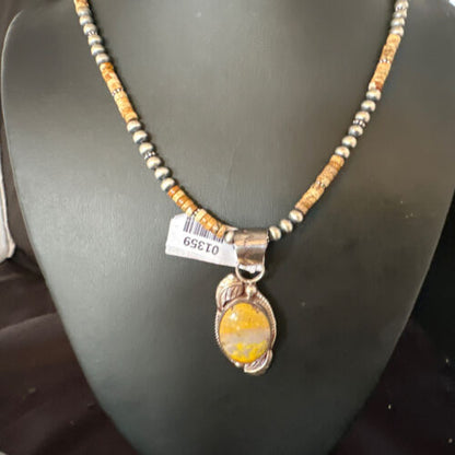 Navajo Bumblebee Jasper Pendant Necklace | Sterling Silver | Authentic Native American Handmade | 01359