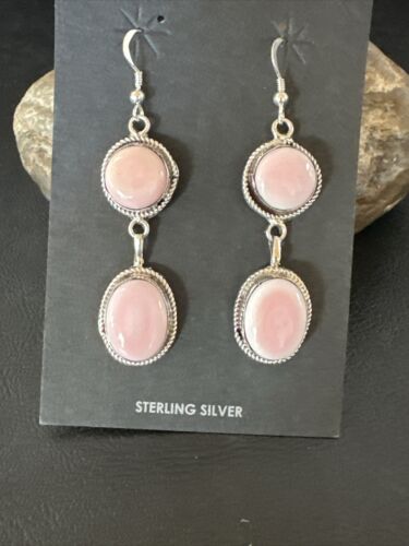Navajo Pink Conch Shell Dangle Earrings | Sterling Silver | Authentic Native American Handmade | 17200