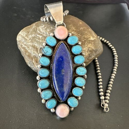Navajo Multi-Stone Necklace | Lapis, Pink, Blue Turquoise | Sterling Silver | Authentic Native American Handmade | 17455