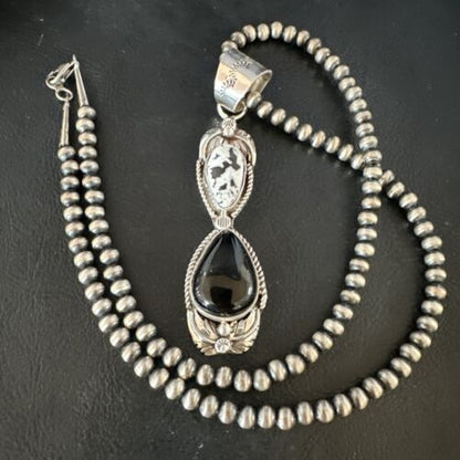 Navajo White Buffalo Turquoise Onyx Necklace Pendant | Sterling Silver | Authentic Native American Handmade | 15316