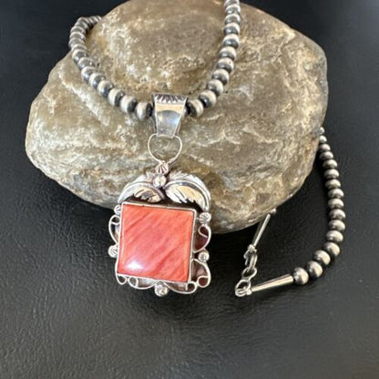 Navajo Red Spiny Oyster Pendant Necklace | Sterling Silver | Authentic Native American Handmade | 16143