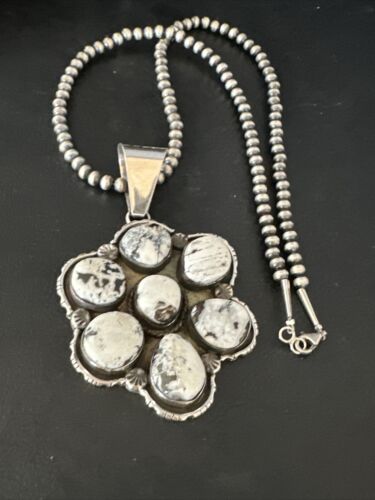 Navajo White Buffalo Turquoise Sterling Silver Pendant Necklace | Multi-Stone | 14898