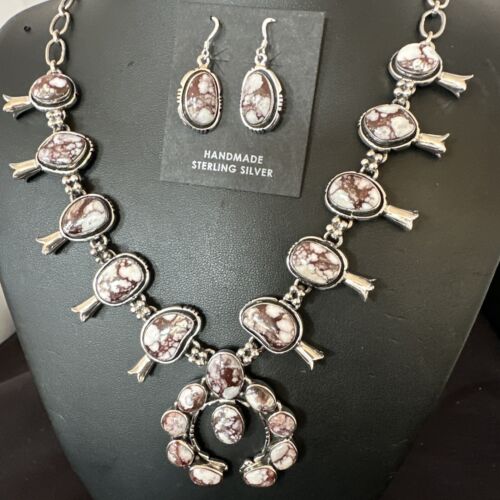 Navajo Squash Blossom Necklace with Wild Horse Turquoise | Sterling Silver Earrings | 16268
