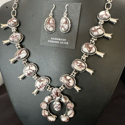 Navajo Squash Blossom Necklace with Wild Horse Turquoise | Sterling Silver Earrings | 16268