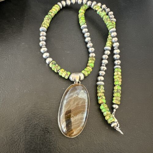 Navajo Green Turquoise Jasper Pendant | Sterling Silver Necklace | Authentic Native American Handmade | 16922
