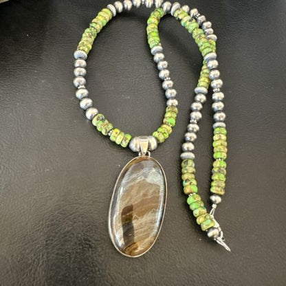 Navajo Green Turquoise Jasper Pendant | Sterling Silver Necklace | Authentic Native American Handmade | 16922