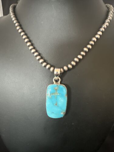 Blue Kingman Turquoise Pendant | Navajo Pearls | Sterling Silver Necklace 20" | 16696