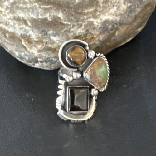 Navajo Blue Turquoise, Onyx, Tigers Eye Multi-Stone Cluster Ring | Authentic Native American Sterling Silver | Sz 10 | 14842