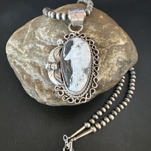 Navajo White Buffalo Turquoise Pendant Necklace | Sterling Silver | Authentic Native American Handmade | 15617