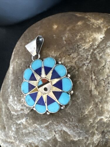 Zuni Sun Face Pendant | Turquoise, Mother of Pearl, Onyx Inlay | Sterling Silver | Native American Handmade | 15179