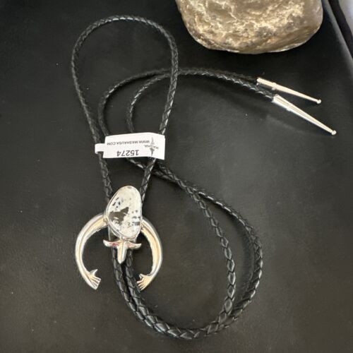 Men's Naja White Buffalo Turquoise Bolo Tie | Navajo Sterling Silver | Authentic Native American Handmade | 15274