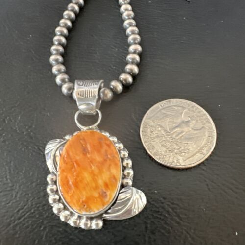 Navajo Orange Spiny Oyster Pendant Necklace | Sterling Silver Pearls | Authentic Native American Handmade | 16553