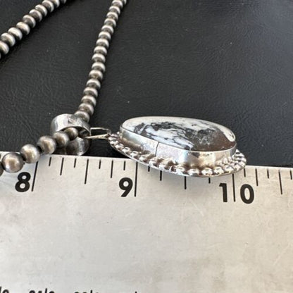 White Buffalo Turquoise Pendant | Navajo Pearls Sterling Silver Necklace | Authentic Native American Handmade | 17108