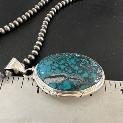 Men's Navajo Blue Spiderweb Turquoise Pendant Necklace | Sterling Silver | Authentic Native American Handmade | 16193