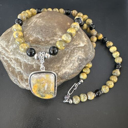 Navajo Bumblebee Jasper Pendant Necklace | Sterling Silver | Native American Handmade | 16015