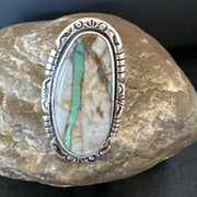 Navajo Ribbon Boulder Green Turquoise Ring | Sterling Silver | Sz 9 | Authentic Native American Handmade | 16252
