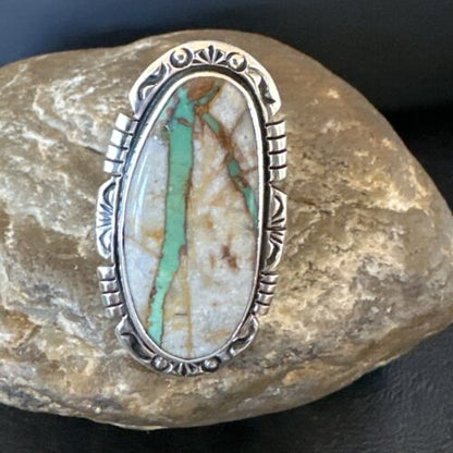 Navajo Ribbon Boulder Green Turquoise Ring | Sterling Silver | Sz 9 | Authentic Native American Handmade | 16252