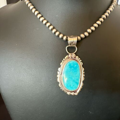 Navajo Pearls Kingman Turquoise Pendant Necklace | Sterling Silver | Authentic Native American Handmade | 17133