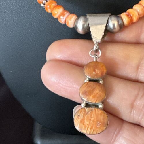 Navajo Orange Spiny Oyster Pendant Necklace | Sterling Silver | Multi-Stone | Authentic Native American Handmade | 15254