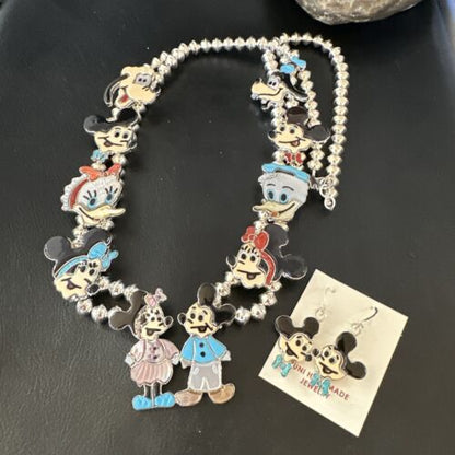 Disney Mickey Minnie Zuni Necklace Pendant | Sterling Silver Inlay | Authentic Native American Handmade | 16073