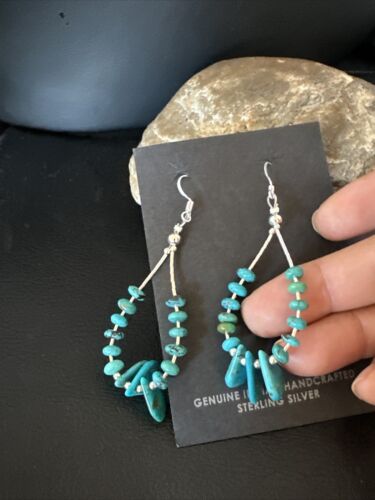 Navajo Blue Cluster Turquoise Bead Earrings | 6mm | Sterling Silver | 2" | Authentic Native American Handmade | 15845