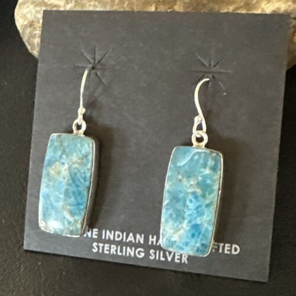 Navajo Blue Turquoise Dangle Earrings | Sterling Silver | Authentic Native American Handmade | 15431