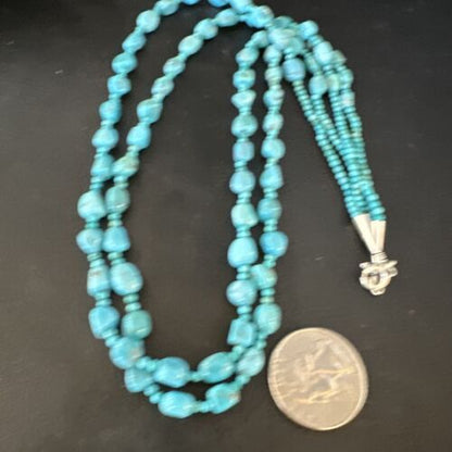Navajo Blue Nugget Turquoise Necklace | 2 Strand | Sterling Silver | 20" | Authentic Native American Handmade | 15342