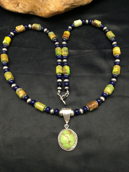 Navajo Green Turquoise and Lapis Necklace with Gaspeite Pendant | Sterling Silver | 23" | 2819