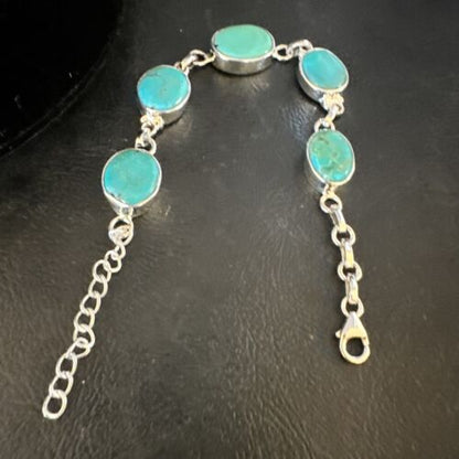 Navajo Blue Turquoise Link Bracelet | Sterling Silver | 8" | Authentic Native American Handmade | 15470