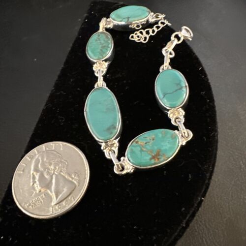 Navajo Blue Turquoise Link Bracelet | Sterling Silver | 8" | Authentic Native American Handmade | 15468