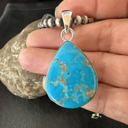 Navajo Blue Kingman Turquoise Pendant Necklace | Sterling Silver | 20" | Authentic Native American Handmade | 17012