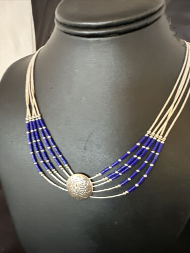 Concha Blue Lapis Heishi | Navajo Liquid Sterling Silver Necklace | 5 Strand | 20" | 15874