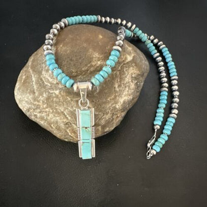 Navajo Blue Kingman Turquoise Inlay Pendant Necklace | Sterling Silver | 21" | Authentic Native American Handmade | 16930
