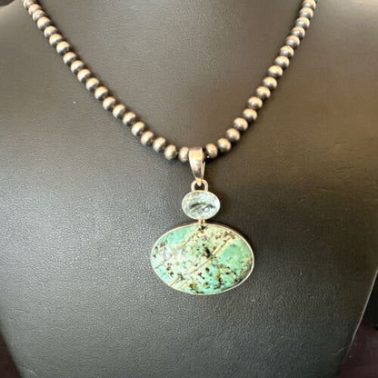 Navajo Dry Creek Turquoise Topaz Pendant Necklace | Sterling Silver | Authentic Native American Handmade | 16442