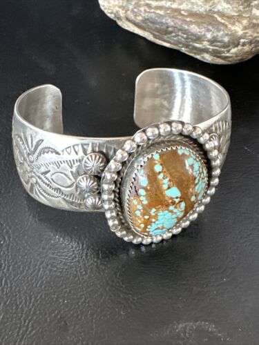 Navajo Men's Blue #8 Turquoise Cuff Bracelet | Sterling Silver | Authentic Native American Handmade | 15856