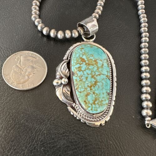 Navajo Blue Turquoise #8 Pendant Necklace | Sterling Silver Pearls | Authentic Native American Handmade | 15905