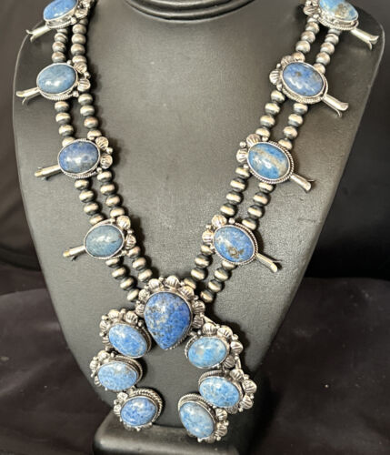 Navajo Sterling Silver Denim Lapis Pendant Necklace | Naja Squash Blossom | Authentic Native American Handmade | 15033