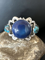 Kingman Turquoise Lapis Cuff Bracelet | Navajo Tufa Cast | Sterling Silver | Authentic Native American Handmade | 16783