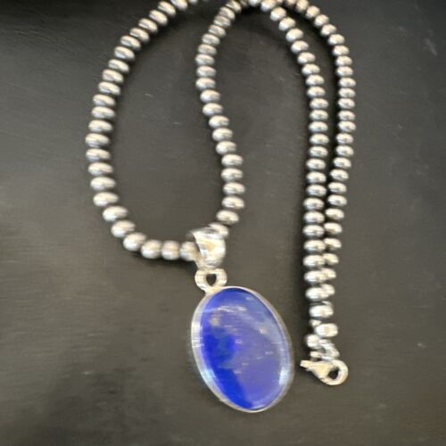 Navajo Blue Lapis Pendant with Pearls | Sterling Silver Necklace | 20" | Authentic Native American Handmade | 16663