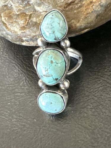 Navajo Blue Dry Creek Turquoise Cluster Ring | Authentic Native American Sterling Silver | Multi-Stone | Sz 8.5 | 17839