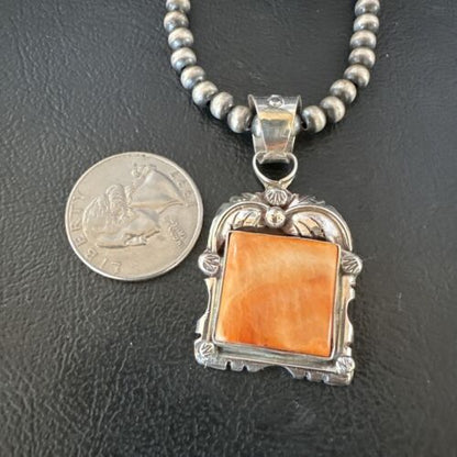 Navajo Orange Spiny Oyster Pendant Necklace | Sterling Silver | 20" | Authentic Native American Handmade | 16142