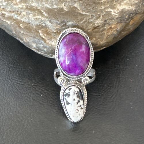 Navajo White Buffalo Turquoise Sugilite Ring | Authentic Native American Sterling Silver | Multi-Stone | Sz 9.5 | 16718