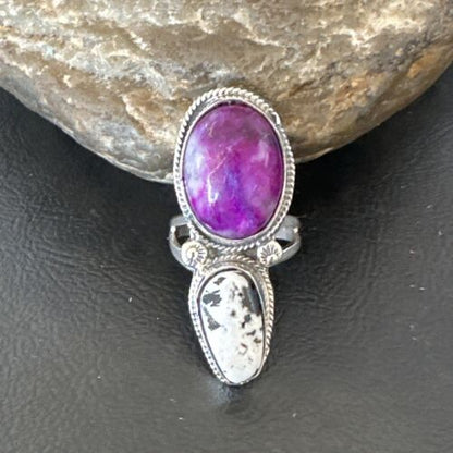 Navajo White Buffalo Turquoise Sugilite Ring | Authentic Native American Sterling Silver | Multi-Stone | Sz 9.5 | 16718