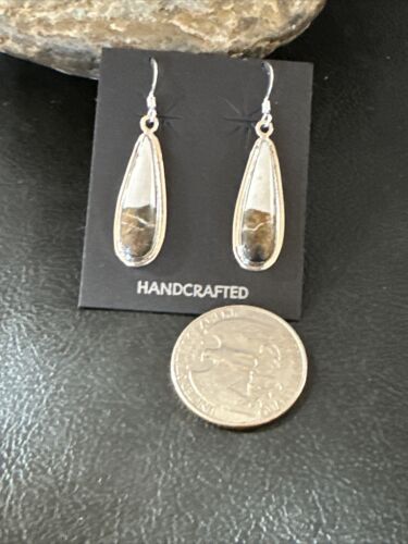 Navajo White Buffalo Turquoise Dangle Earrings | Sterling Silver | Authentic Native American Handmade | 16521